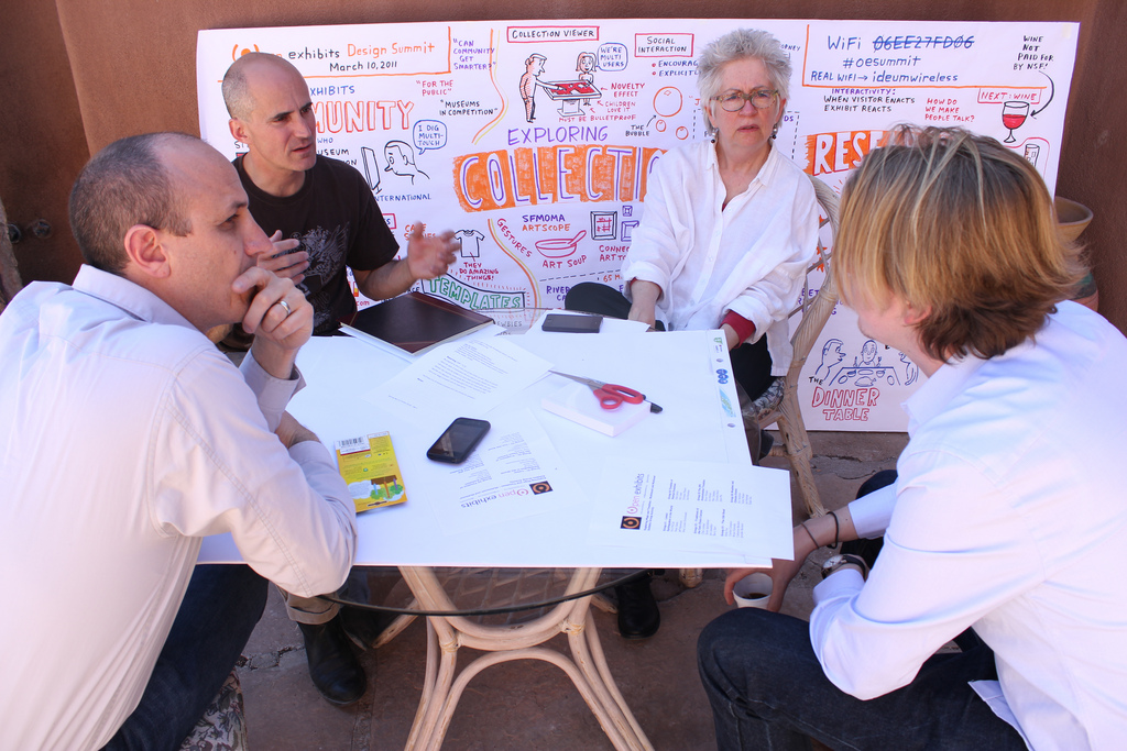 Discussing the future of exhibit design: a photograph from the Open Exhibits Design Summit in Corrales, NM held in March of 2011. This conference helped inspire the HCI+ISE gathering.